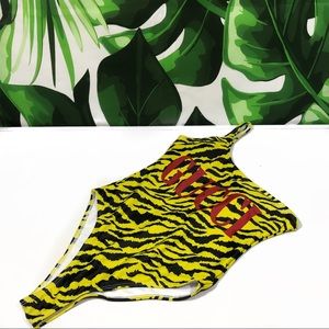 Gucci One Shoulder Tiger Logo One-Piece